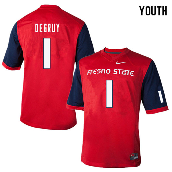 Youth #1 Damien DeGruy Fresno State Bulldogs College Football Jerseys Sale-Red - Click Image to Close